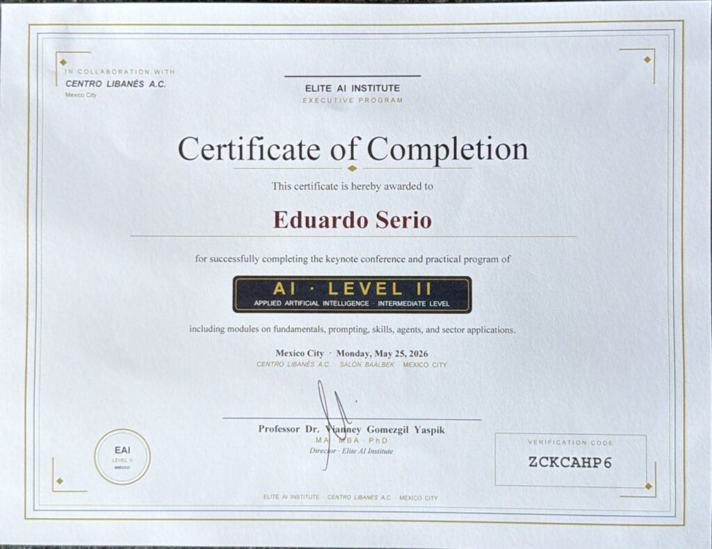 Certificate of Completion by the Elite AI Institute for successfully completing the executive program AI · Level II - Eduardo Serio Sucar